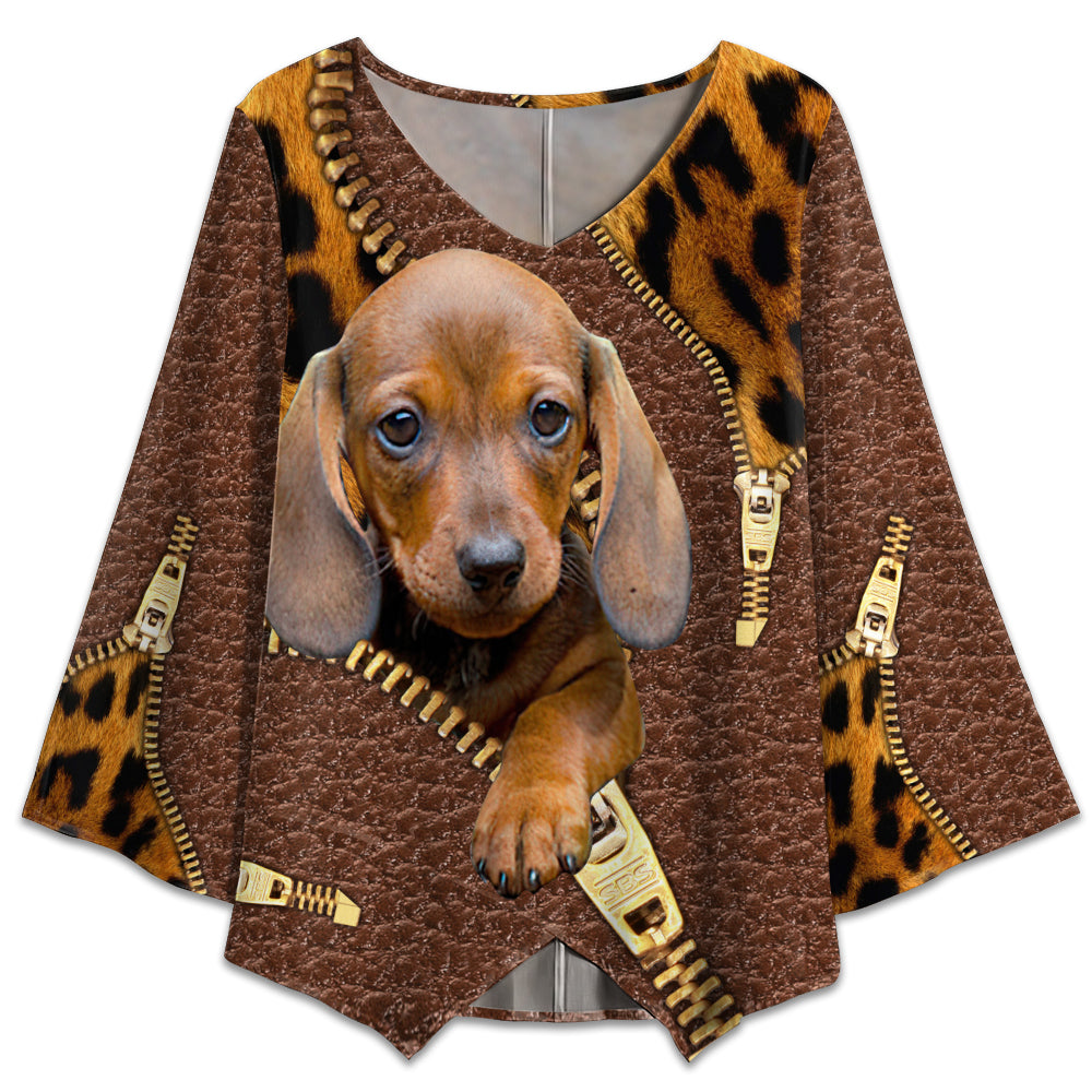 S Dachshund Baby Leopard Style - V-neck T-shirt - Owls Matrix LTD
