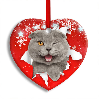 Pack 1 Christmas Cat Funny Kitten Red Background Winter Snowy - Heart Ornament - Owls Matrix LTD