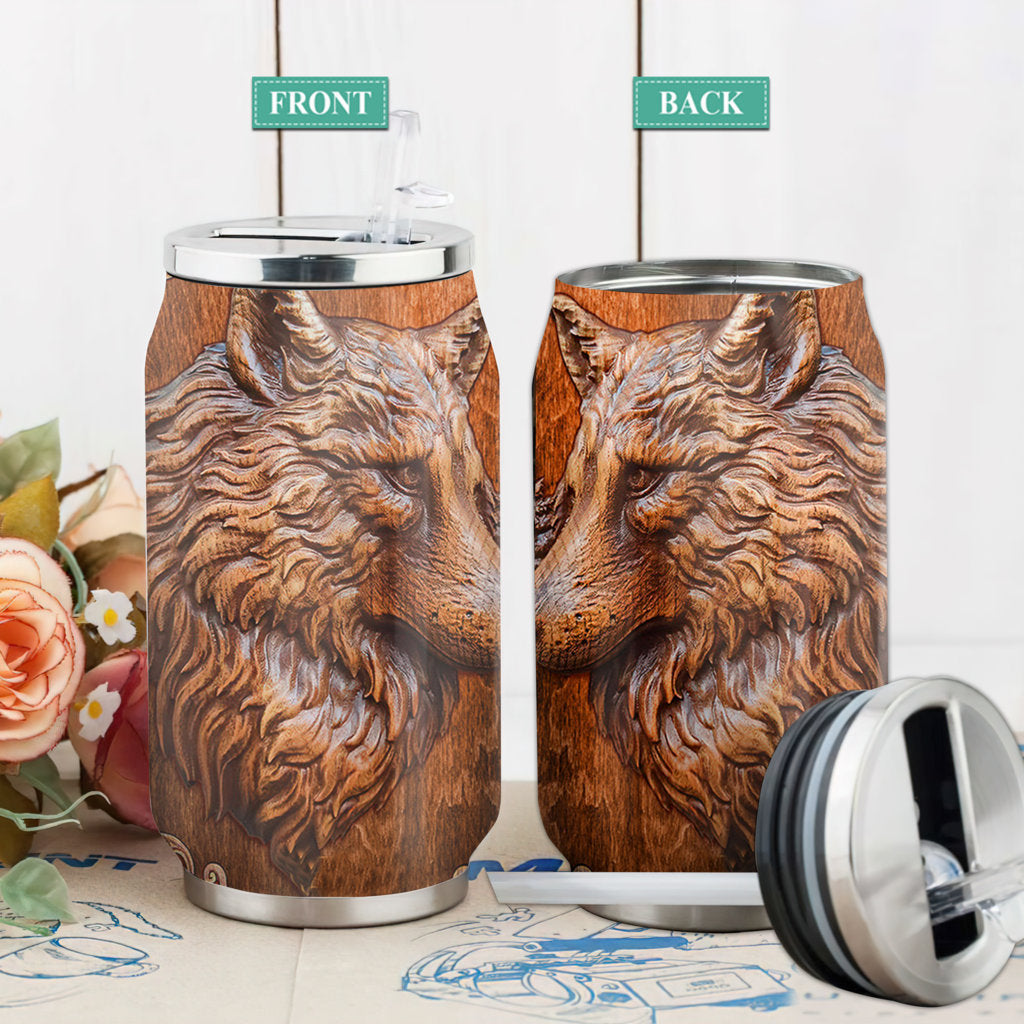 S Wolf Wooden Style Leather - Soda Can Tumbler - Owls Matrix LTD
