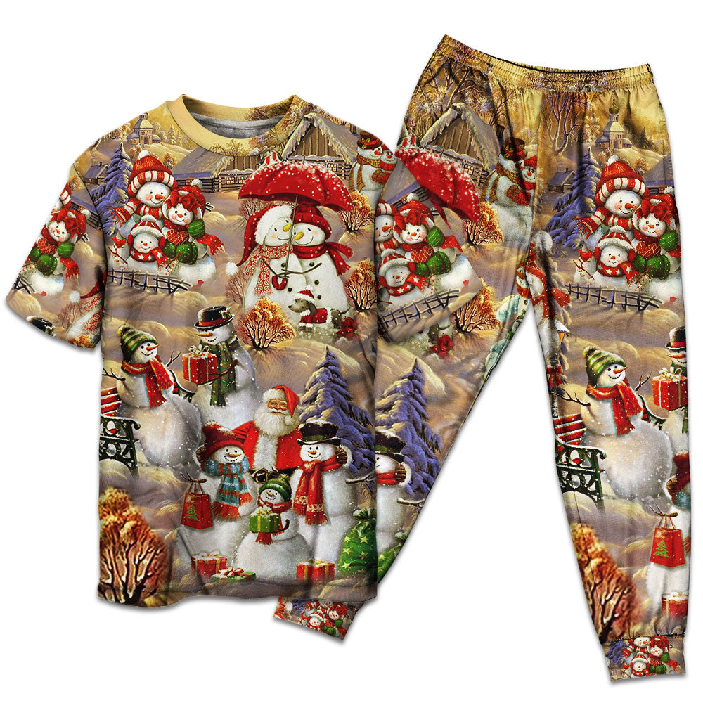 T-shirt + Pants / S Christmas Snowman Couple Love Xmas - Pajamas Short Sleeve - Owls Matrix LTD
