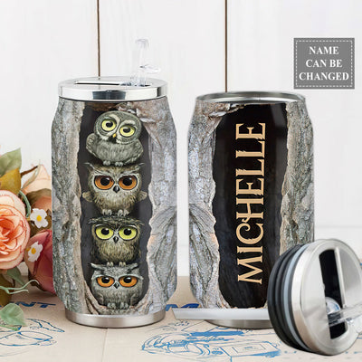 S Owl Four Owls In Tree Hole Personalized - Soda Can Tumbler - Owls Matrix LTD