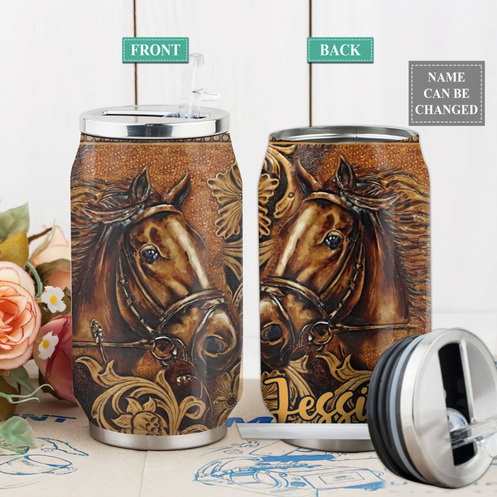 S Horse Wood Leather Style Personalized - Soda Can Tumbler - Owls Matrix LTD