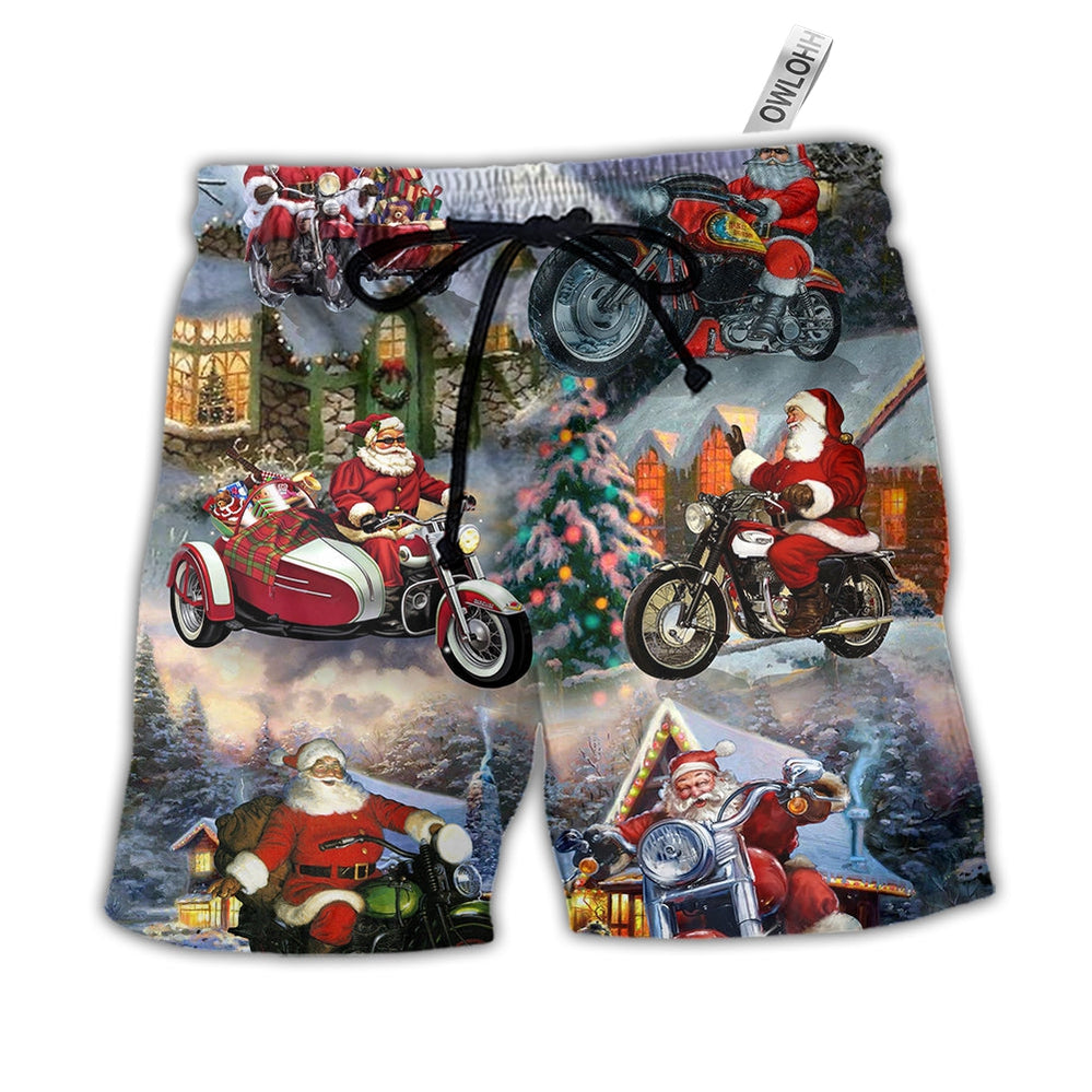 Beach Short / Adults / S Christmas Santa Claus Driving Motorcycle Bike Gift Light Art Style - Beach Short - Owls Matrix LTD