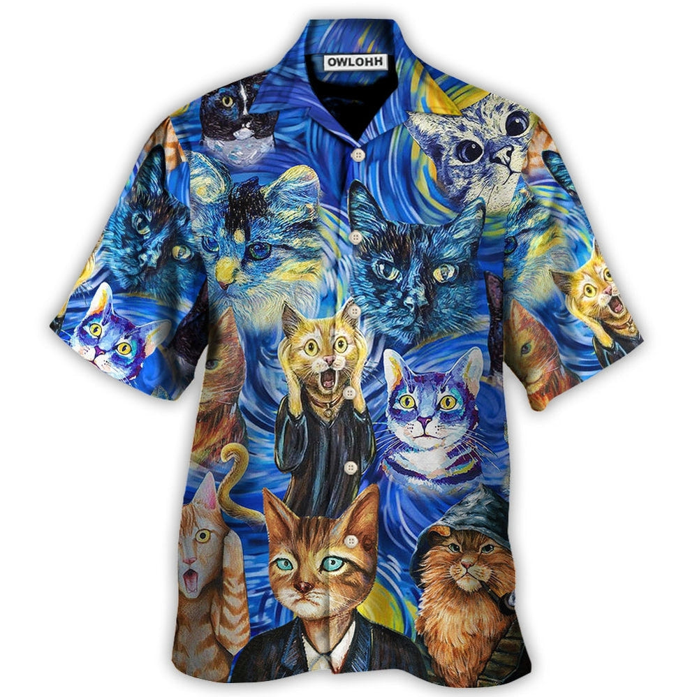 Hawaiian Shirt / Adults / S Cat Starry Night Funny Cat Painting Art Style - Hawaiian Shirt - Owls Matrix LTD
