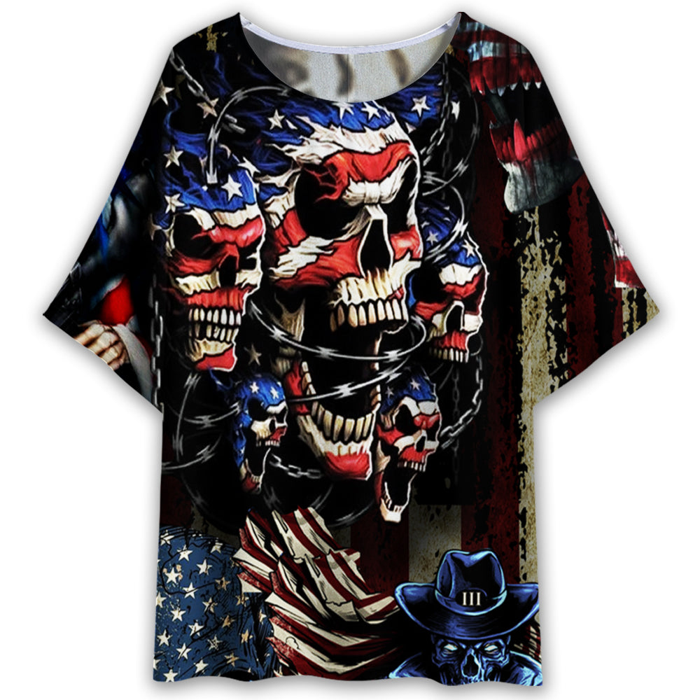 S Skull America Flag Vintage - Women's T-shirt With Bat Sleeve - Owls Matrix LTD