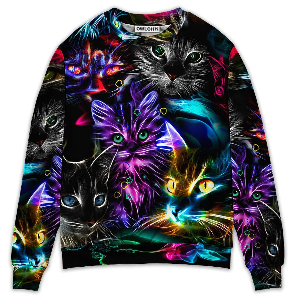 Sweater / S Cat Funny Neon Light Colorful Style - Sweater - Ugly Christmas Sweaters - Owls Matrix LTD