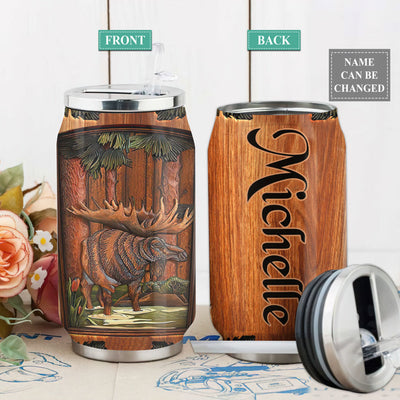S Moose Wood Leather Style Personalized - Soda Can Tumbler - Owls Matrix LTD