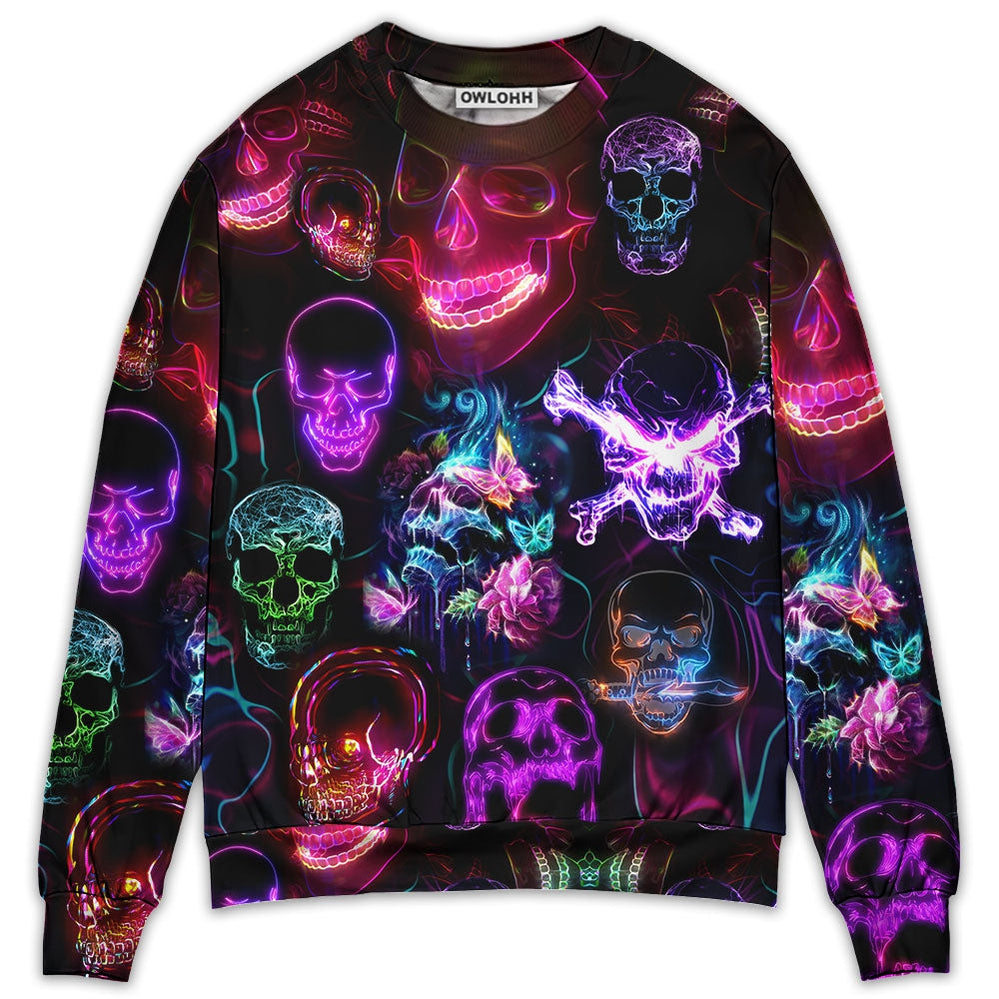 Sweater / S Skull Neon Art Happy Holiday - Sweater - Ugly Christmas Sweaters - Owls Matrix LTD