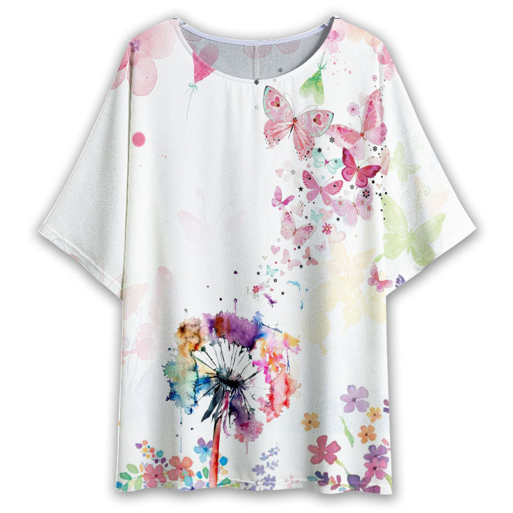 S Butterfly And Flowers Watercolor - Women's T-shirt With Bat Sleeve - Owls Matrix LTD
