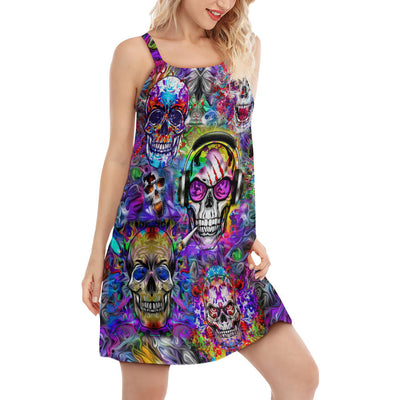 S Hippie Skull Color Flowers - Women's Sleeveless Cami Dress - Owls Matrix LTD