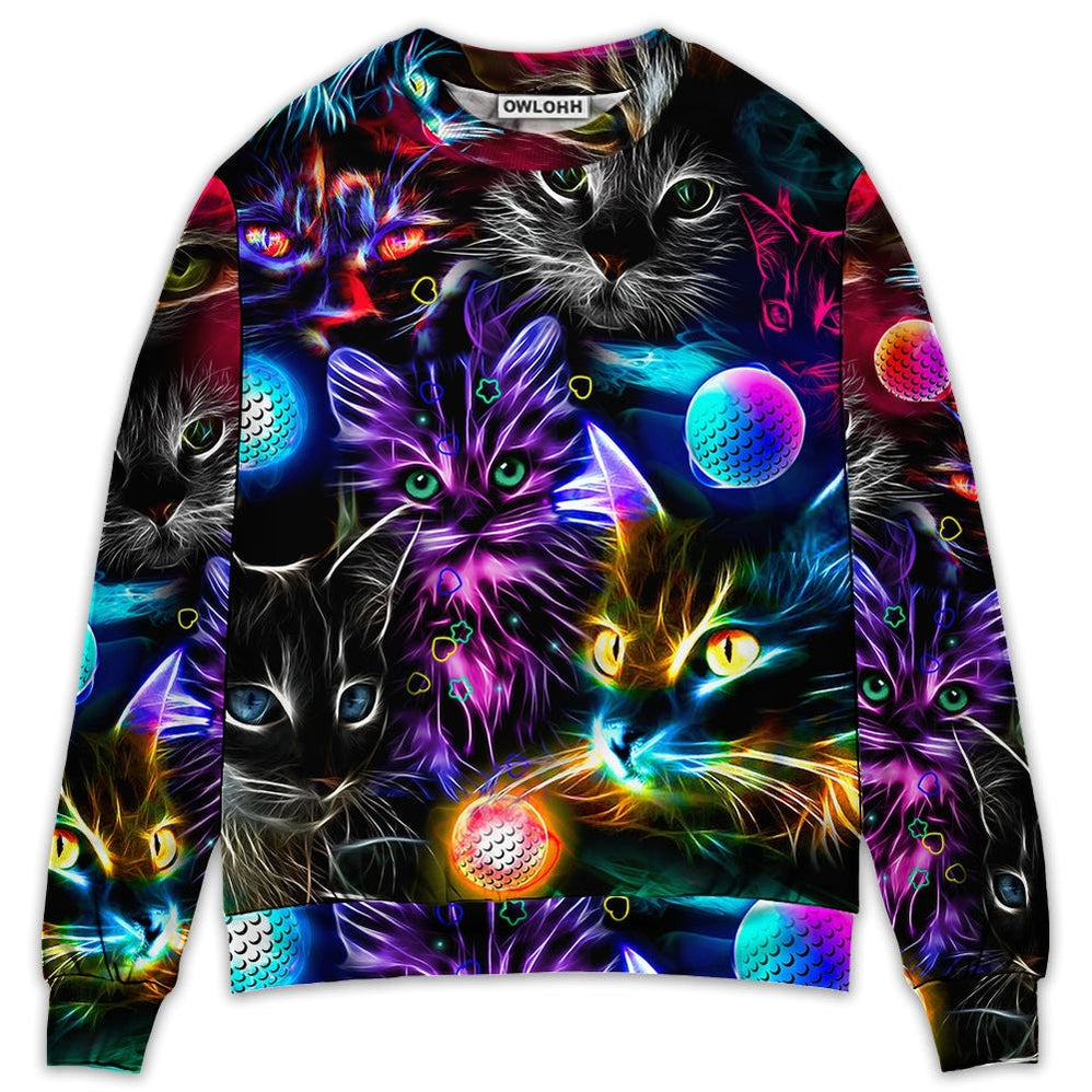 Sweater / S Cat Play Golf Neon Lightning Colorful Style - Sweater - Ugly Christmas Sweaters - Owls Matrix LTD