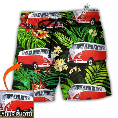 Beach Short / Adults / S Hippie Van Volkswagen Camper Van Tropical Flower Custom Photo - Beach Short - Owls Matrix LTD
