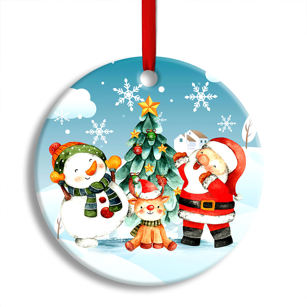 Pack 1 Christmas Santa Snowman And Deer Happy Together - Circle Ornament - Owls Matrix LTD