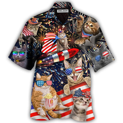 Hawaiian Shirt / Adults / S Cat Independence Day Happy Firework - Hawaiian Shirt - Owls Matrix LTD
