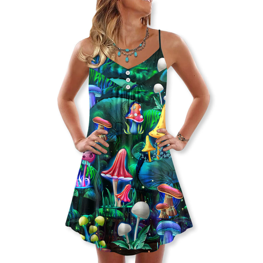 Hippie Mushroom Galaxy Neon Art - V-neck Sleeveless Cami Dress - Owls Matrix LTD