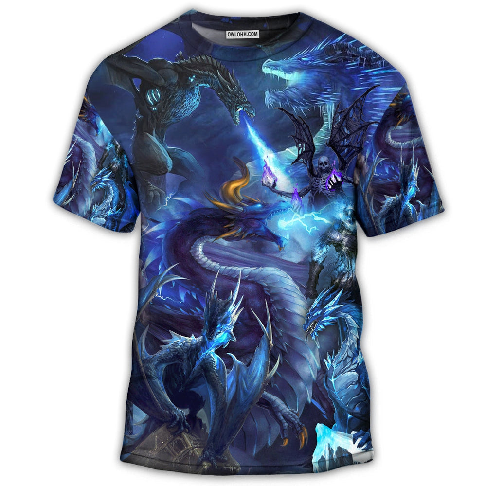 S Dragon Blue Skull Fire Lightning Art Style - Round Neck T-shirt - Owls Matrix LTD