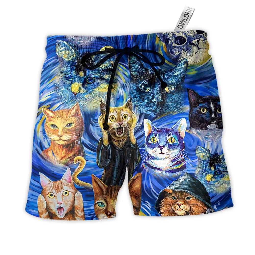 Beach Short / Adults / S Cat Starry Night Funny Cat Painting Art Style - Beach Short - Owls Matrix LTD