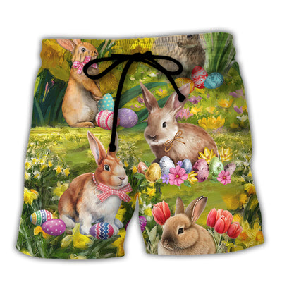 Easter Rabbit Chilling In The Flower Landscape Art Style - Beach Short - Owls Matrix LTD