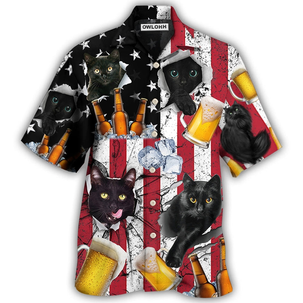 Hawaiian Shirt / Adults / S Beer And Black Cat American Flag Vintage - Hawaiian Shirt - Owls Matrix LTD
