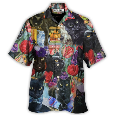 Hawaiian Shirt / Adults / S Black Cat Art With Flowers - Hawaiian Shirt - Owls Matrix LTD
