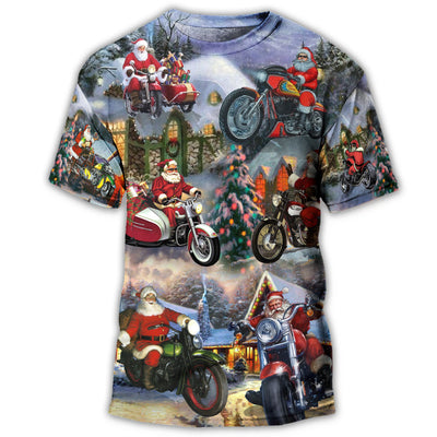 S Christmas Santa Claus Driving Motorcycle Bike Gift Light Art Style - Round Neck T-shirt - Owls Matrix LTD