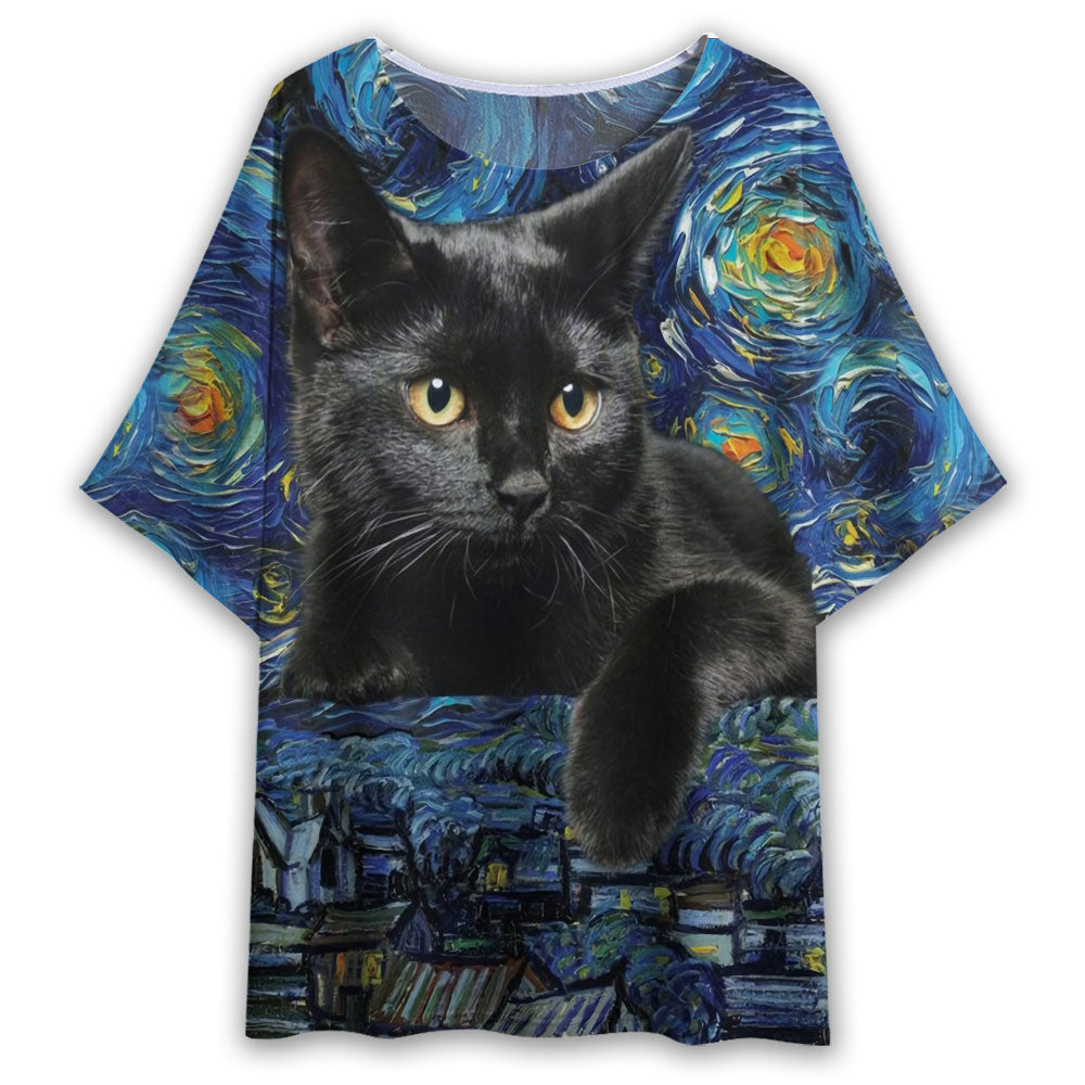 S Black Cat Starry Night Art Style - Women's T-shirt With Bat Sleeve - Owls Matrix LTD