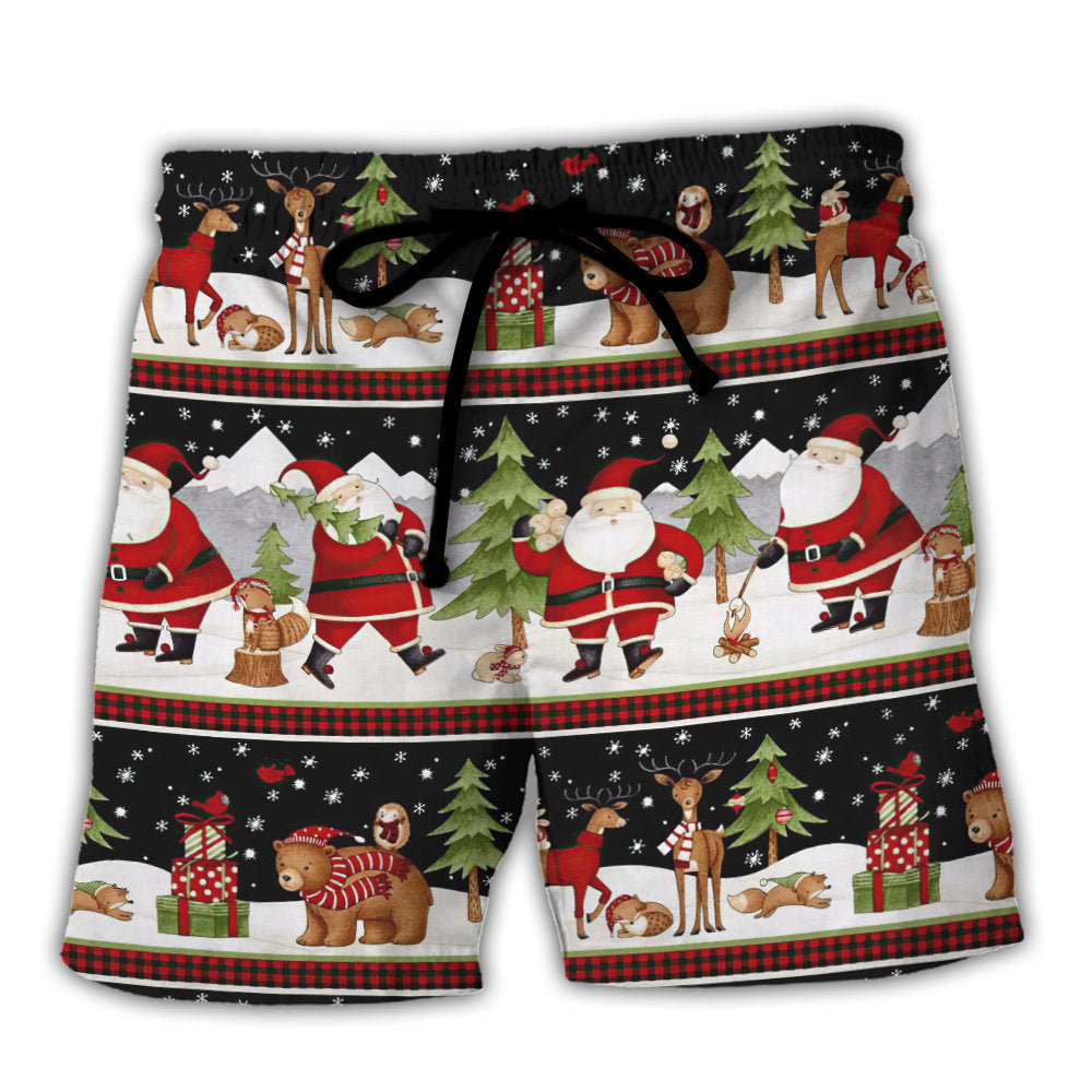 Beach Short / Adults / S Christmas Happy Night With Santa Reindeer And Bear - Beach Short - Owls Matrix LTD