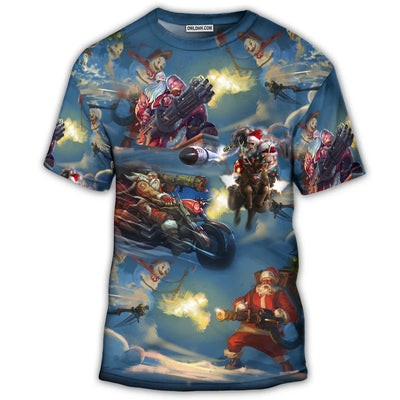 S Christmas Santa Gun Fight In Xmas - Round Neck T-shirt - Owls Matrix LTD