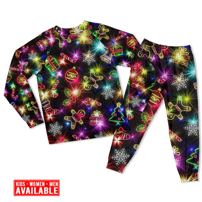 Women / S Christmas With Tree And Gift Cookies Gingerbread Man Neon Style - Pajamas Long Sleeve - Owls Matrix LTD