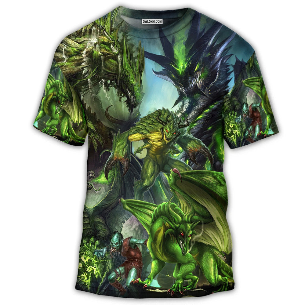 S Dragon Green Skull Lover Art Style - Round Neck T-shirt - Owls Matrix LTD