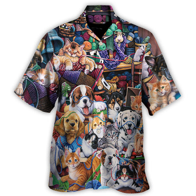 Hawaiian Shirt / Adults / S Dog And Cat Play Yarn Together - Hawaiian Shirt - Owls Matrix LTD