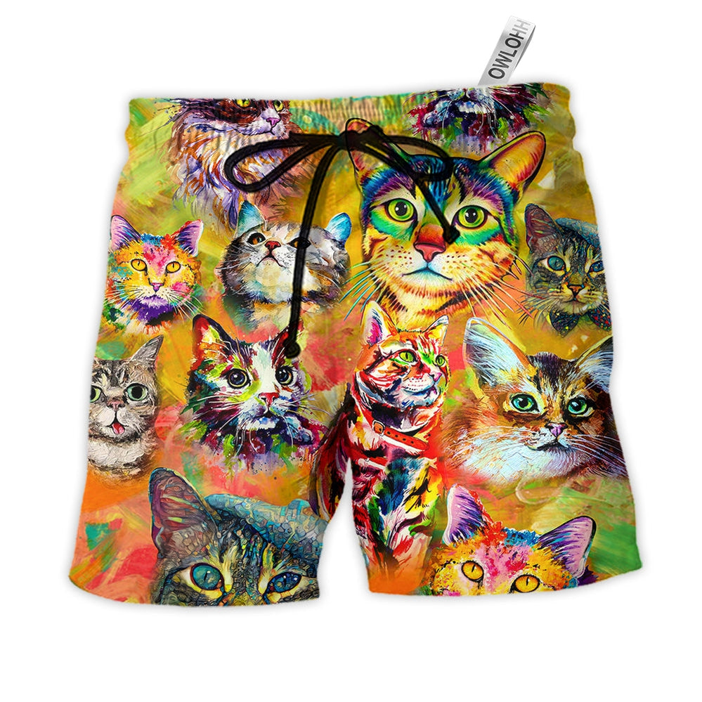 Beach Short / Adults / S Cat Funny Lover Cat Colorful Painting Art Style - Beach Short - Owls Matrix LTD