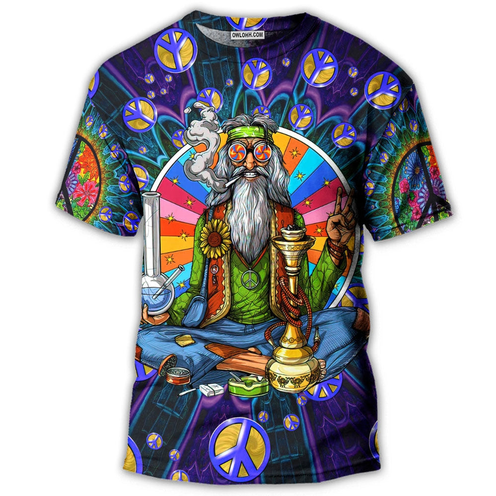 S Hippie Peace Sign Old Man Smoking Weed - Round Neck T-shirt - Owls Matrix LTD