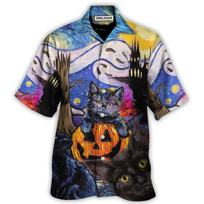 Hawaiian Shirt / Adults / S Halloween Black Cat Starry Night Funny Cat Painting Art Style - Hawaiian Shirt - Owls Matrix LTD