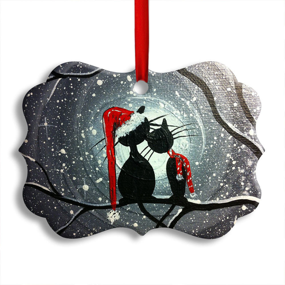 Pack 1 Christmas Cat Couple Lover With Moon - Horizontal Ornament - Owls Matrix LTD
