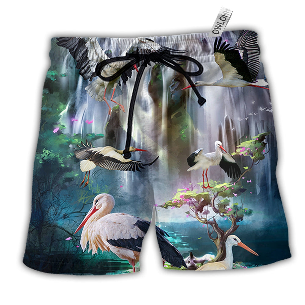 Beach Short / Adults / S Stork Bird In The Dreamy Waterfall - Beach Short - Owls Matrix LTD