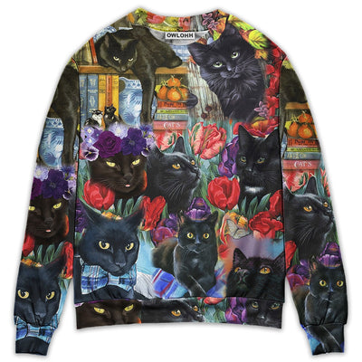 Sweater / S Black Cat Art With Flowers - Sweater - Ugly Christmas Sweaters - Owls Matrix LTD
