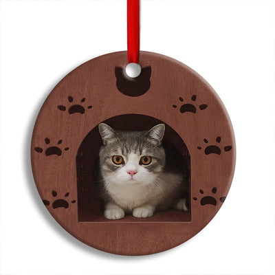 Pack 1 Christmas Kitty Cat Wooden House Cat Shelter - Circle Ornament - Owls Matrix LTD