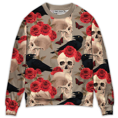 Sweater / S Skull With Rose Flower And Raven Gothic Style - Sweater - Ugly Christmas Sweaters - Owls Matrix LTD