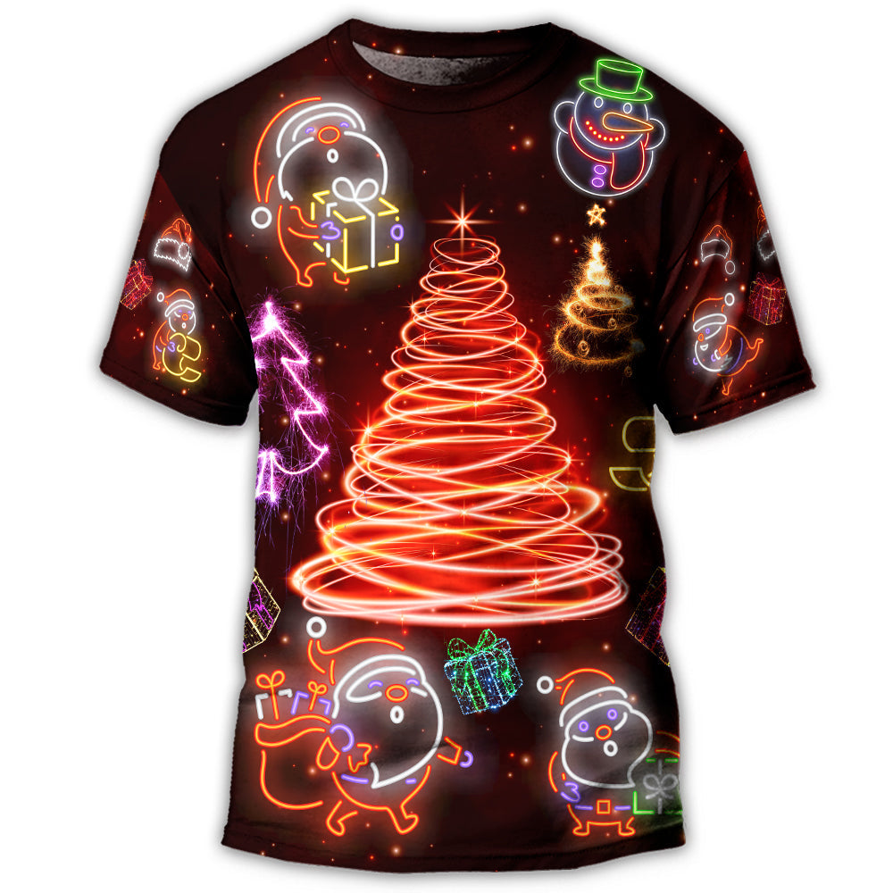 S Christmas Funny Santa Claus Tree Red Neon Light Style - Round Neck T-shirt - Owls Matrix LTD