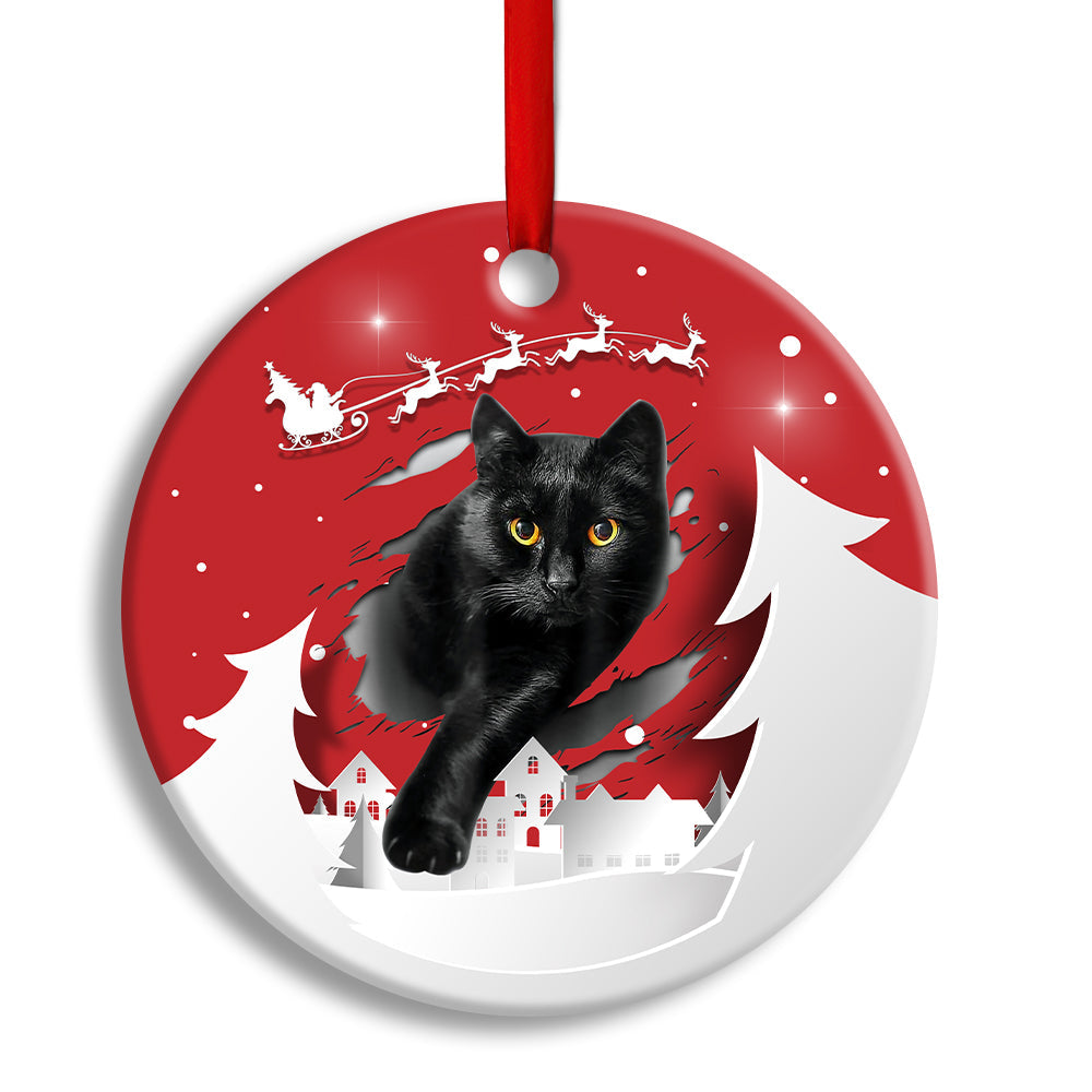 Pack 1 Christmas Black Cat Love Xmas Paper Cut Decor Tree Hanging - Circle Ornament - Owls Matrix LTD