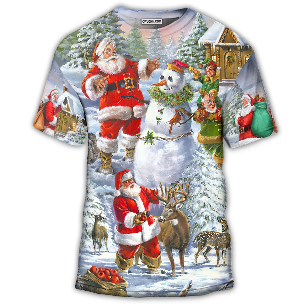 S Christmas Santa Claus Snowman Elf So Happy Art Style - Round Neck T-shirt - Owls Matrix LTD