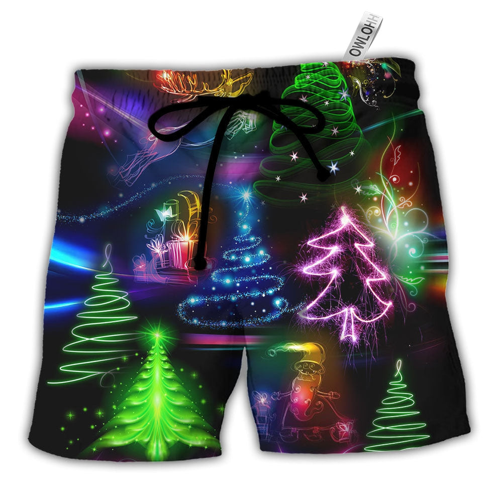 Beach Short / Adults / S Christmas Neon Art Christmas Tree And Snowman style- Beach Short - Owls Matrix LTD