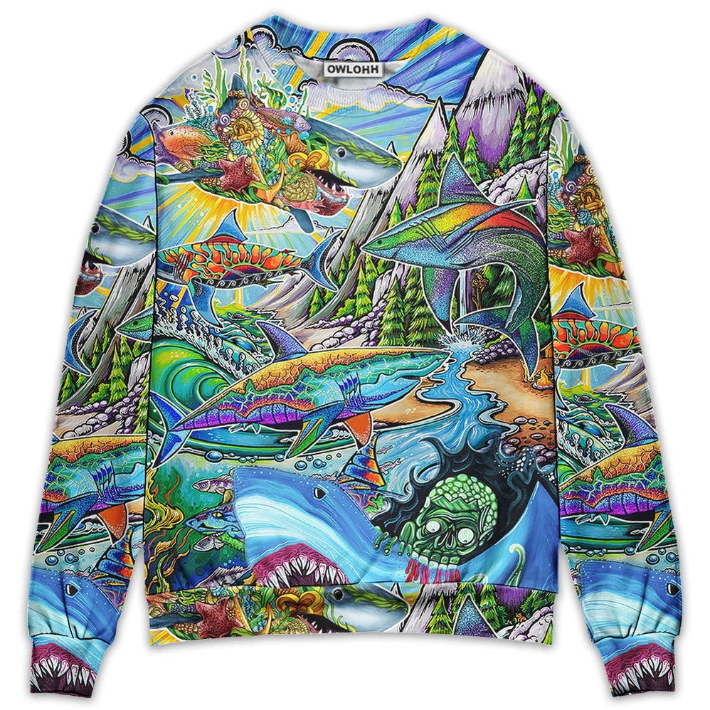 Sweater / S Shark Hippie Colorful Art Peace - Sweater - Ugly Christmas Sweaters - Owls Matrix LTD