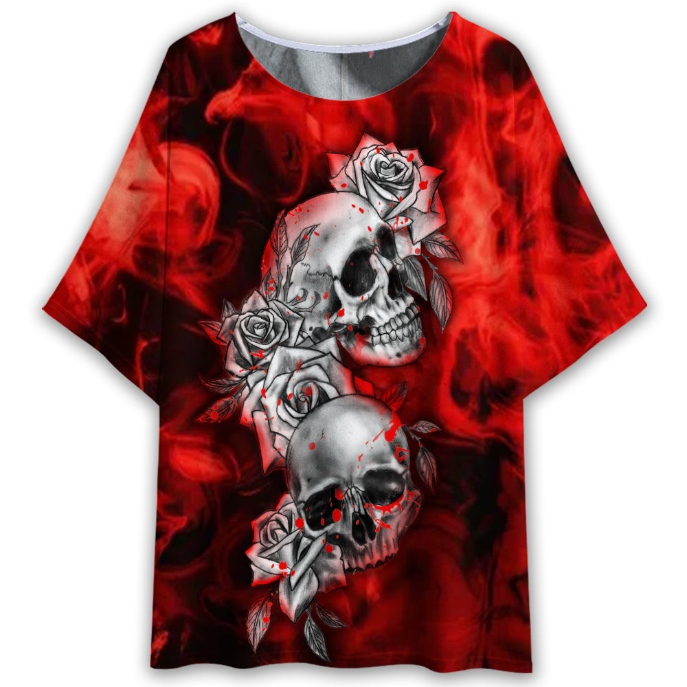 S Skull Flower Blood Style - Women's T-shirt With Bat Sleeve - Owls Matrix LTD
