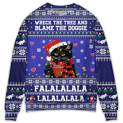 Sweater / S Black Cat Wreck The Tree And Blame The Doggies - Sweater - Ugly Christmas Sweaters - Owls Matrix LTD