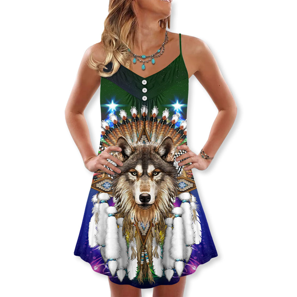 Christmas Native Wolf And Merry Xmas - V-neck Sleeveless Cami Dress - Owls Matrix LTD