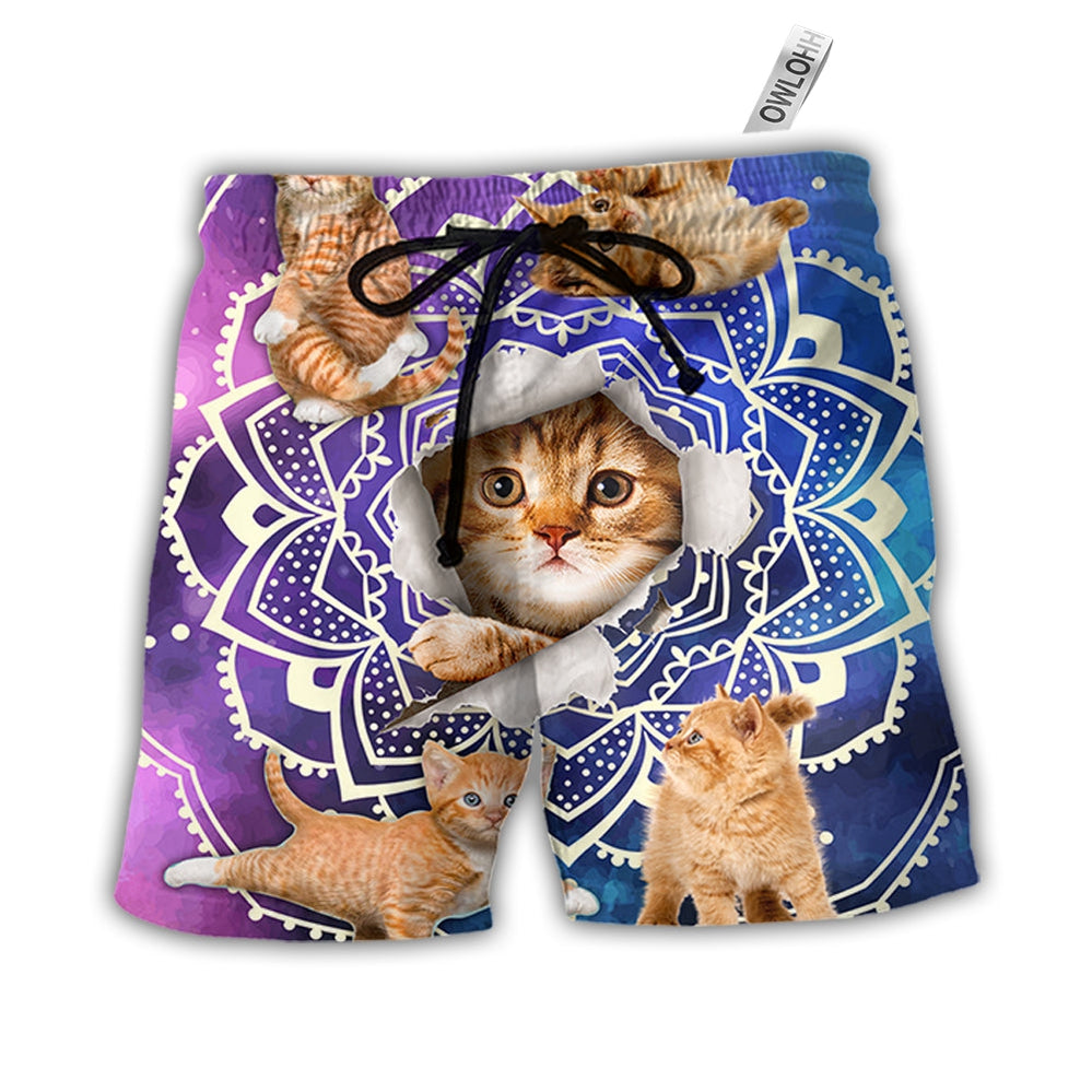 Beach Short / Adults / S Cat Tabby Cat Yoga Galaxy Yoga Pose Funny - Beach Short - Owls Matrix LTD