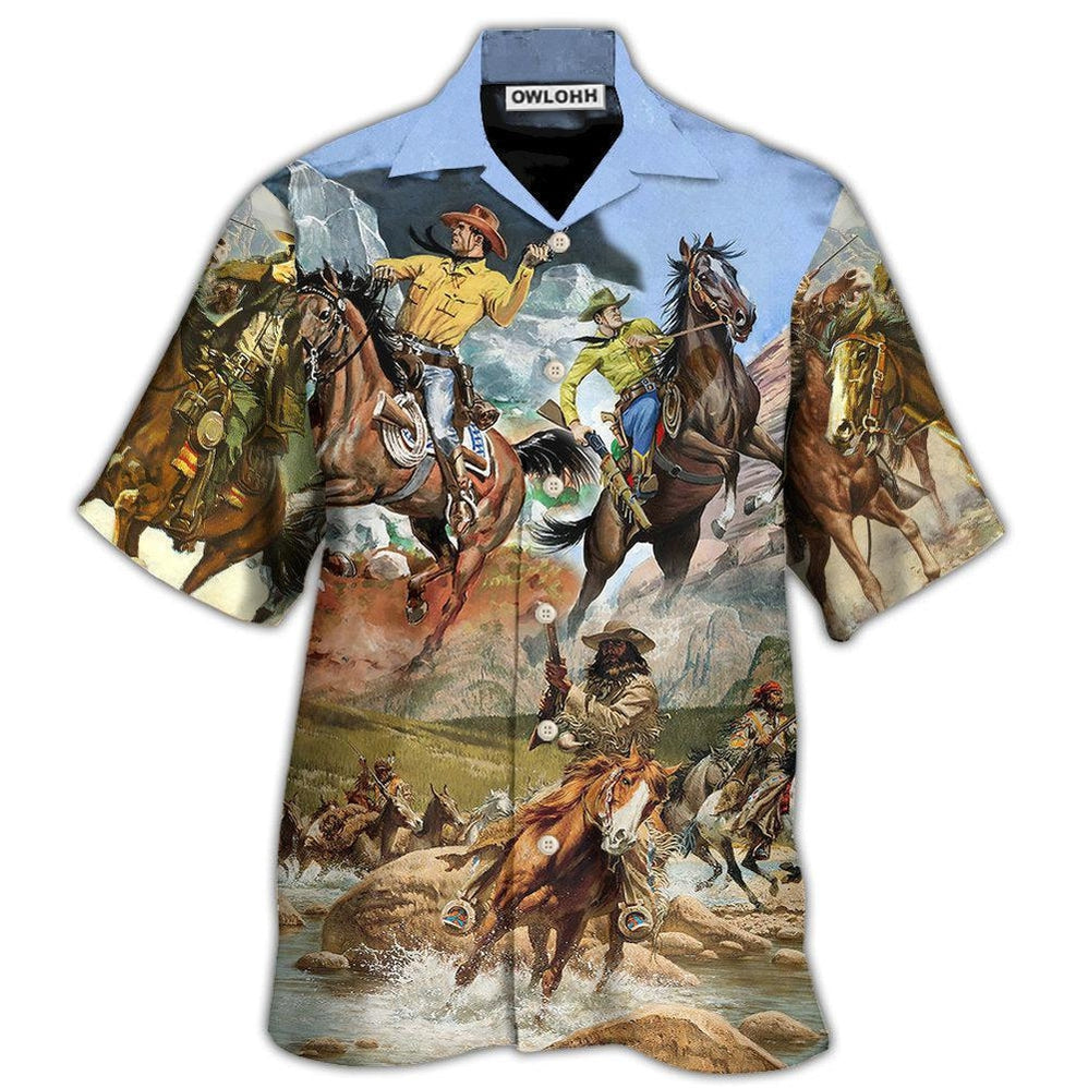 Hawaiian Shirt / Adults / S Cowboy Shootin Riding Horse Desert - Hawaiian Shirt - Owls Matrix LTD