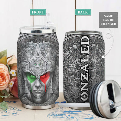 S Aztec Warrior Mexico Metal Style Personalized - Soda Can Tumbler - Owls Matrix LTD